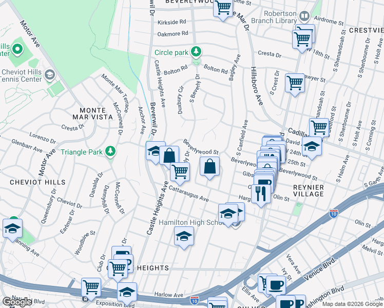 map of restaurants, bars, coffee shops, grocery stores, and more near 2612 South Beverly Drive in Los Angeles