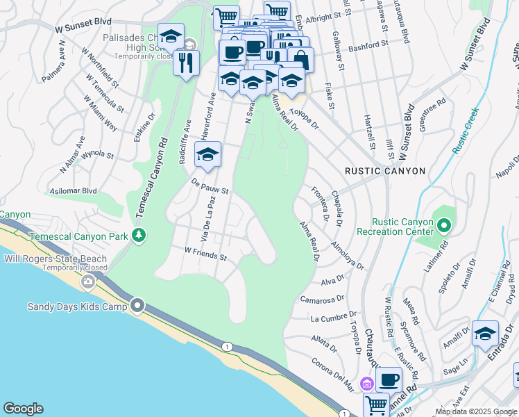 map of restaurants, bars, coffee shops, grocery stores, and more near 15305 De Pauw Street in Los Angeles