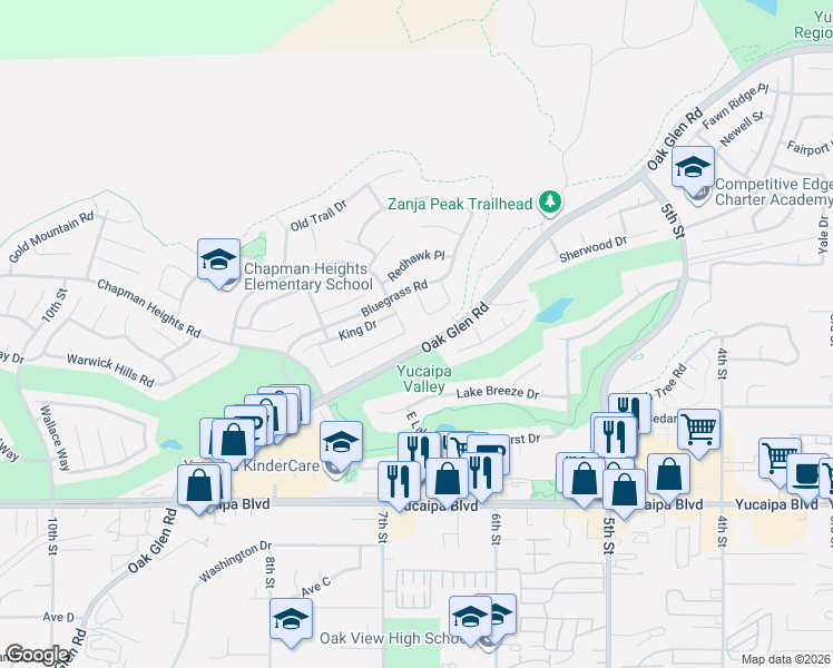 map of restaurants, bars, coffee shops, grocery stores, and more near 11740 Silverhawk Drive in Yucaipa