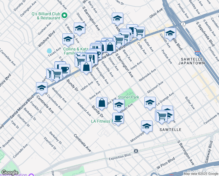 map of restaurants, bars, coffee shops, grocery stores, and more near 1714 South Westgate Avenue in Los Angeles