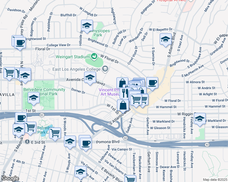 map of restaurants, bars, coffee shops, grocery stores, and more near 1301 Avenida Cesar Chavez in Monterey Park