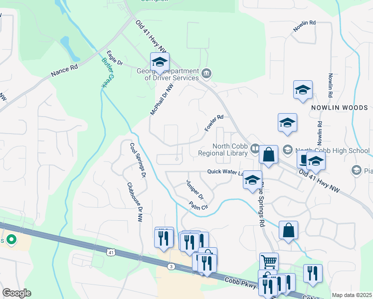 map of restaurants, bars, coffee shops, grocery stores, and more near 3493 Clubside Lane North West in Kennesaw