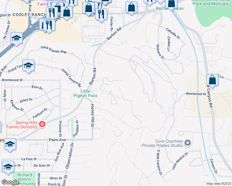 map of restaurants, bars, coffee shops, grocery stores, and more near 23204 Thompson Drive in Grand Terrace