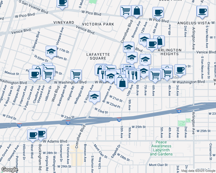 map of restaurants, bars, coffee shops, grocery stores, and more near 1923 South Bronson Avenue in Los Angeles