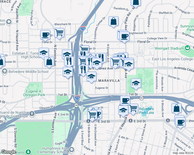 map of restaurants, bars, coffee shops, grocery stores, and more near 324 North McDonnell Avenue in East Los Angeles