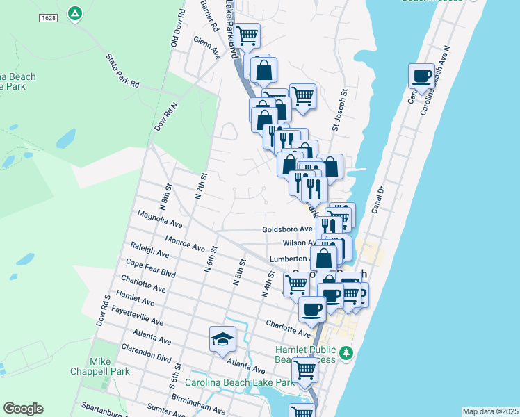 map of restaurants, bars, coffee shops, grocery stores, and more near 402 Ivy Lane in Carolina Beach
