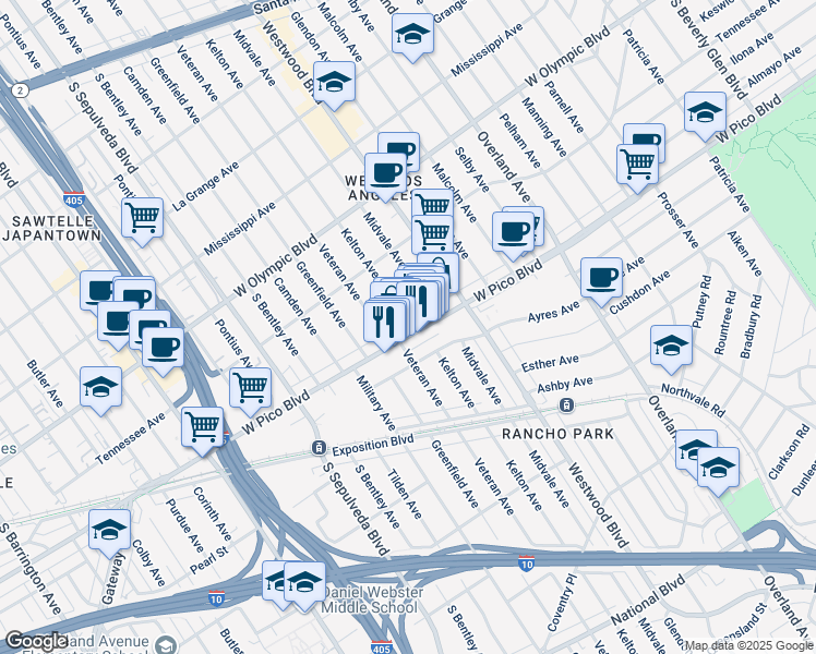 map of restaurants, bars, coffee shops, grocery stores, and more near 2371 Kelton Avenue in Los Angeles