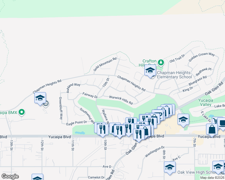 map of restaurants, bars, coffee shops, grocery stores, and more near 33343 Manning Street in Yucaipa