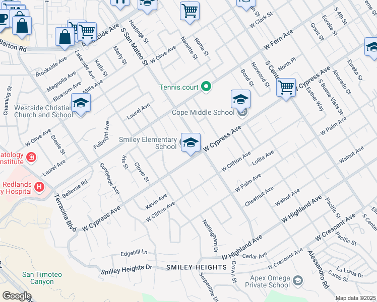 map of restaurants, bars, coffee shops, grocery stores, and more near 1210 West Cypress Avenue in Redlands