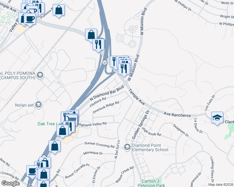 map of restaurants, bars, coffee shops, grocery stores, and more near 1227 Flintlock Road in Diamond Bar