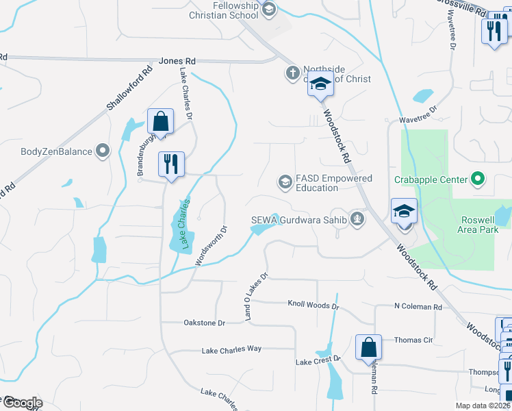map of restaurants, bars, coffee shops, grocery stores, and more near 305 Broadmeadow Cove in Roswell