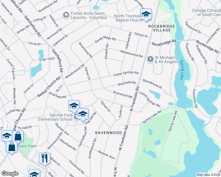 map of restaurants, bars, coffee shops, grocery stores, and more near 4437 Briarwood Road in Columbia