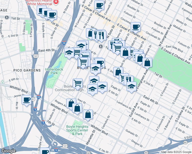 map of restaurants, bars, coffee shops, grocery stores, and more near 456 South Mathews Street in Los Angeles