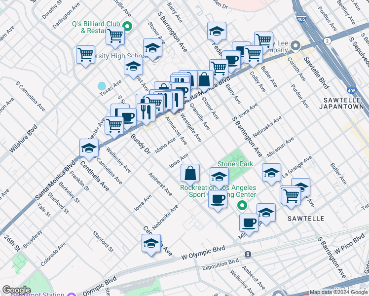 map of restaurants, bars, coffee shops, grocery stores, and more near 1629 Armacost Avenue in Los Angeles