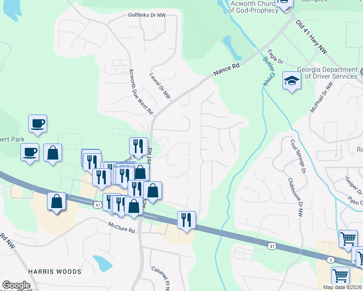 map of restaurants, bars, coffee shops, grocery stores, and more near 4268 Grand Oaks Drive in Kennesaw
