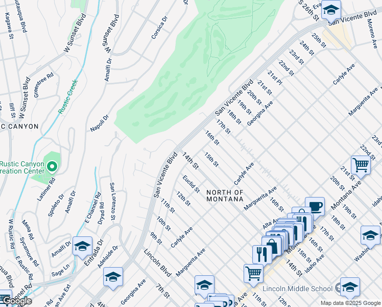 map of restaurants, bars, coffee shops, grocery stores, and more near 1407 Georgina Avenue in Santa Monica