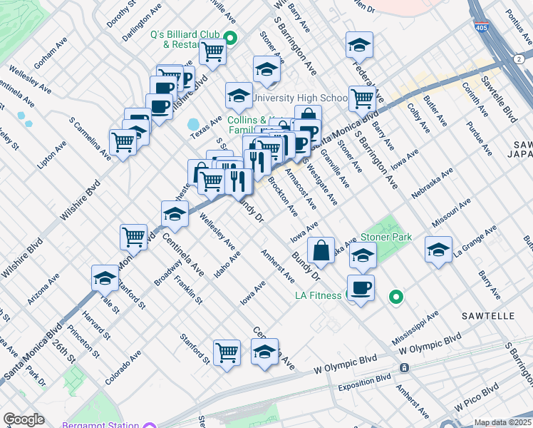 map of restaurants, bars, coffee shops, grocery stores, and more near 1558 South Bundy Drive in Los Angeles