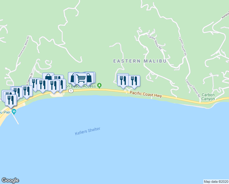 map of restaurants, bars, coffee shops, grocery stores, and more near 22360 Pacific Coast Highway in Malibu