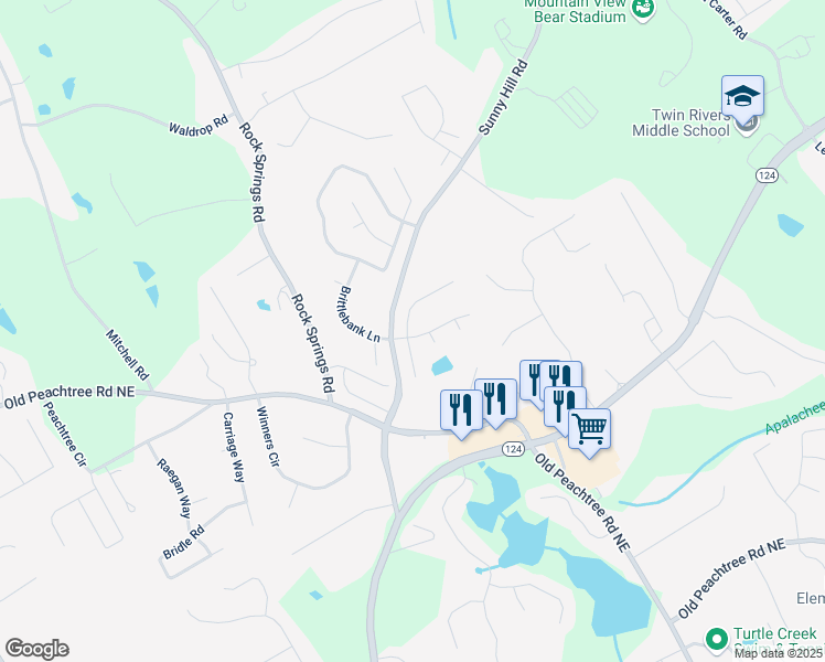 map of restaurants, bars, coffee shops, grocery stores, and more near 2021 Adam Acres Drive in Buford