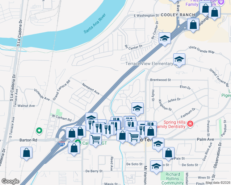 map of restaurants, bars, coffee shops, grocery stores, and more near 11682 Canal Street in Grand Terrace