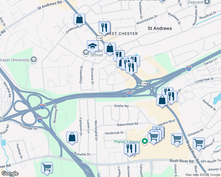 map of restaurants, bars, coffee shops, grocery stores, and more near 808 Old Manor Road in Columbia