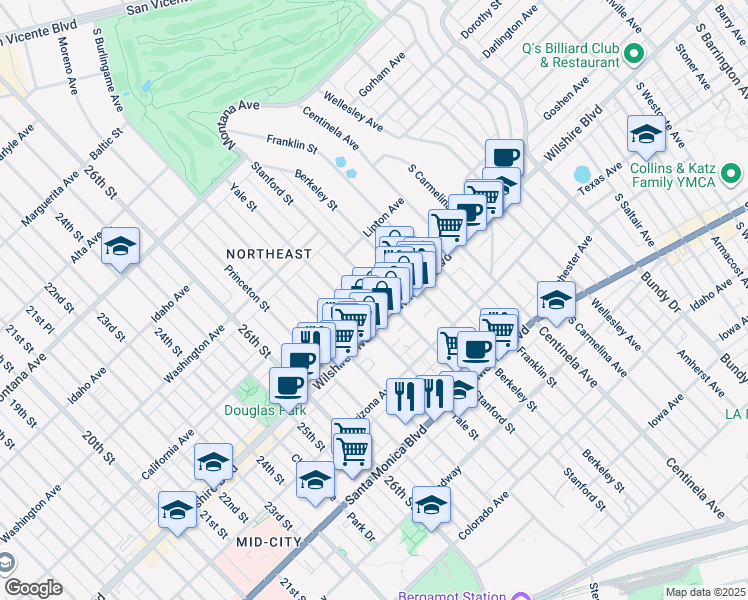 map of restaurants, bars, coffee shops, grocery stores, and more near 1144 Stanford Street in Santa Monica