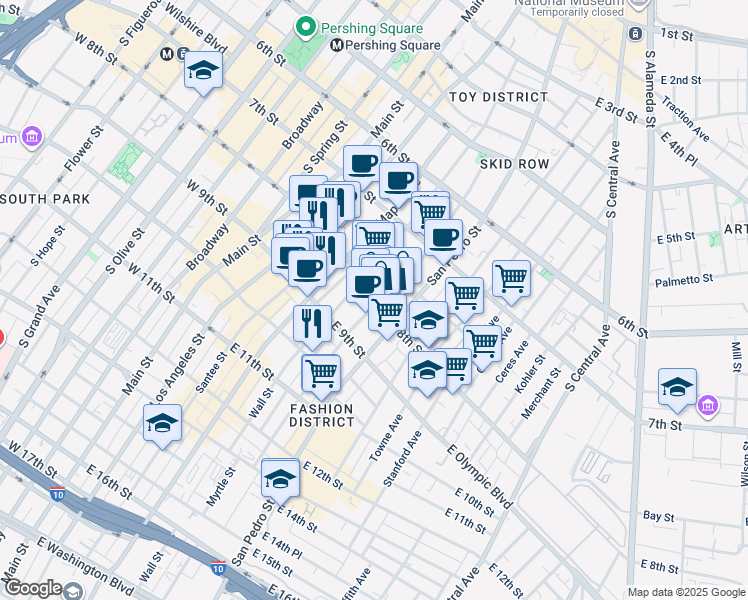 map of restaurants, bars, coffee shops, grocery stores, and more near 828 San Julian Street in Los Angeles