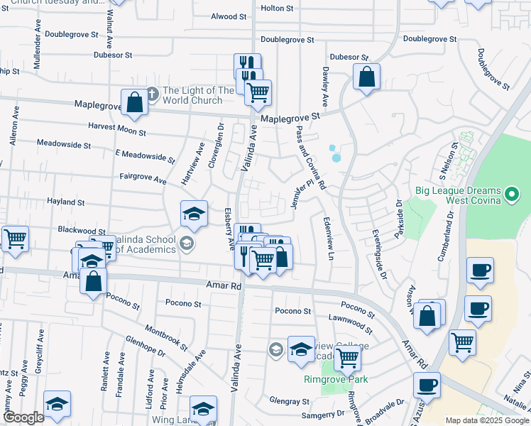 map of restaurants, bars, coffee shops, grocery stores, and more near 1020 Harrington Way in West Covina