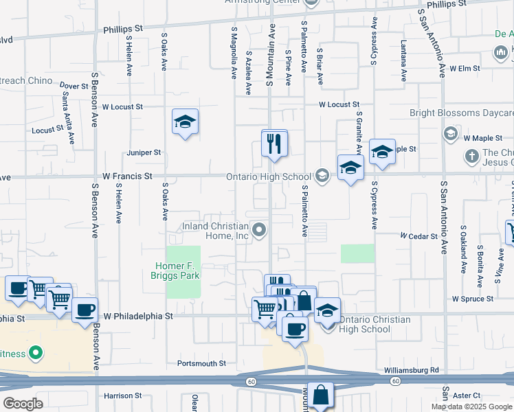 map of restaurants, bars, coffee shops, grocery stores, and more near 1115 West Francis Street in Ontario
