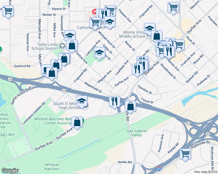 map of restaurants, bars, coffee shops, grocery stores, and more near 11223 Central Avenue in South El Monte