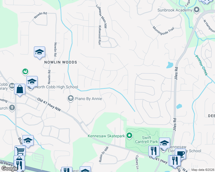 map of restaurants, bars, coffee shops, grocery stores, and more near 3550 Myrtlewood Chase Northwest in Kennesaw