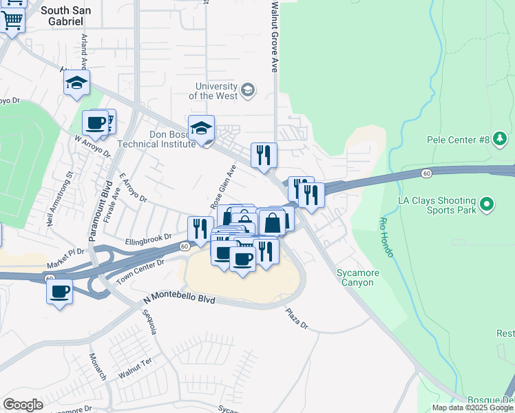 map of restaurants, bars, coffee shops, grocery stores, and more near 988 Oakmill Avenue in Rosemead
