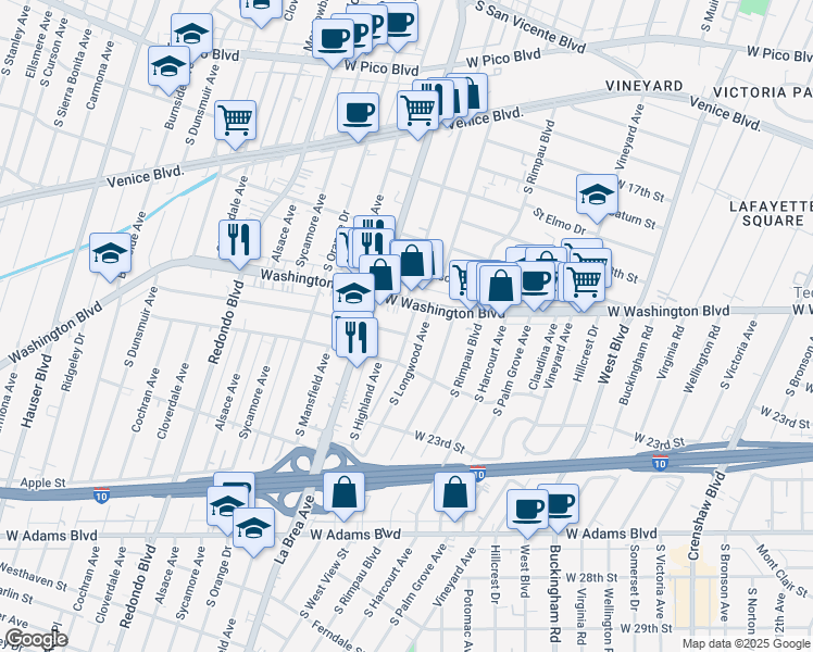 map of restaurants, bars, coffee shops, grocery stores, and more near 4905 20th Street in Los Angeles