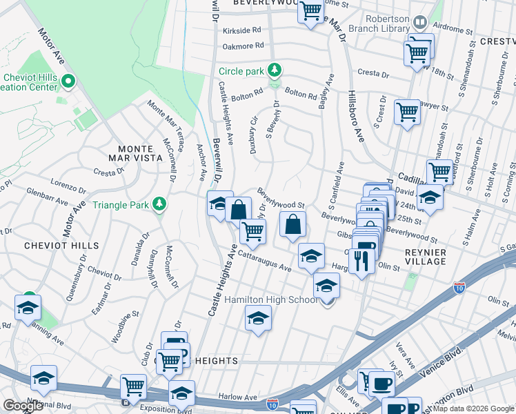 map of restaurants, bars, coffee shops, grocery stores, and more near 2617 South Beverly Drive in Los Angeles