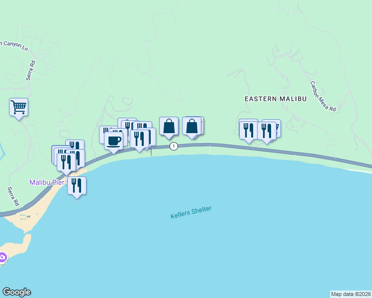 map of restaurants, bars, coffee shops, grocery stores, and more near 22548 California 1 in Malibu
