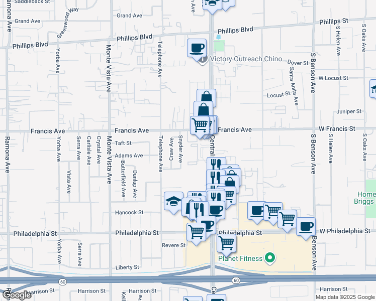 map of restaurants, bars, coffee shops, grocery stores, and more near 11838 Central Avenue in Chino