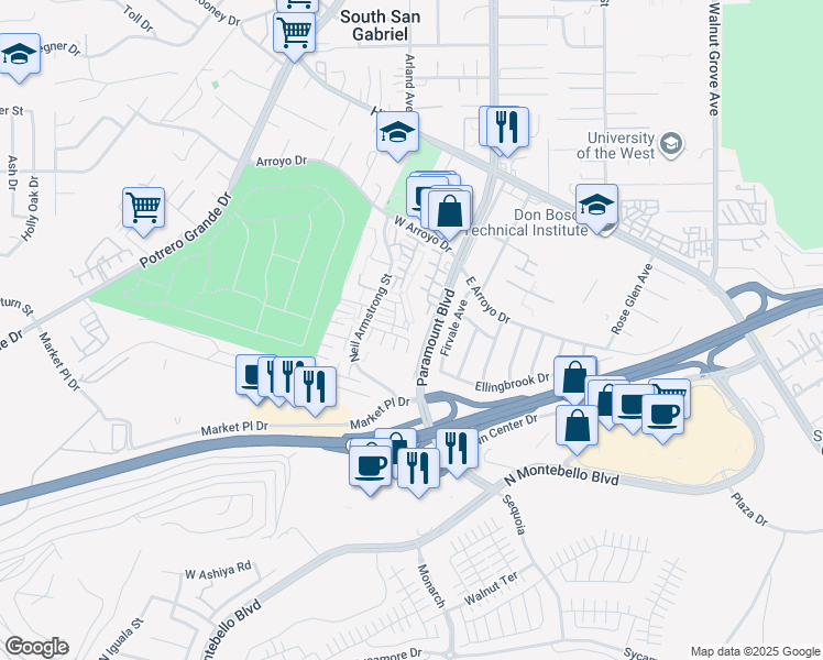 map of restaurants, bars, coffee shops, grocery stores, and more near 216 Ridge Terrace Lane in Montebello