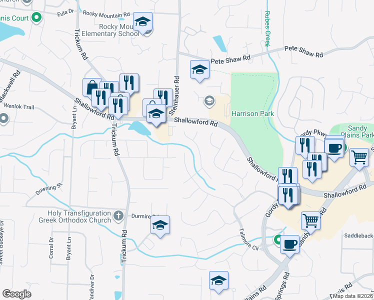 map of restaurants, bars, coffee shops, grocery stores, and more near 3360 Perrington Pointe in Marietta