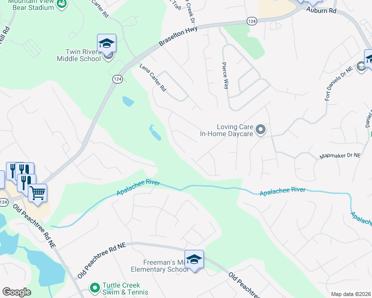 map of restaurants, bars, coffee shops, grocery stores, and more near 2424 Malden Park Drive Northeast in Buford