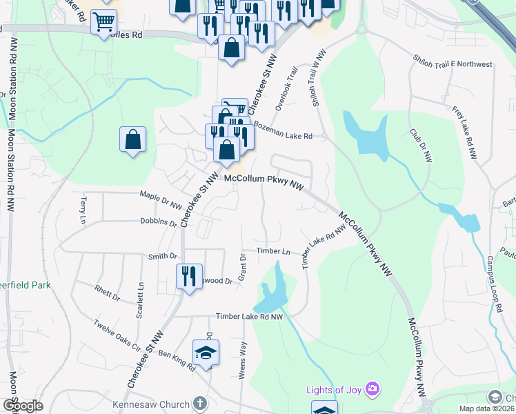 map of restaurants, bars, coffee shops, grocery stores, and more near 3540 Grant Drive in Kennesaw
