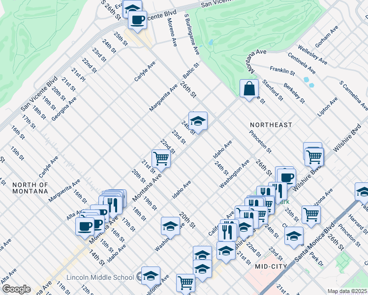 map of restaurants, bars, coffee shops, grocery stores, and more near 754 23rd Street in Santa Monica