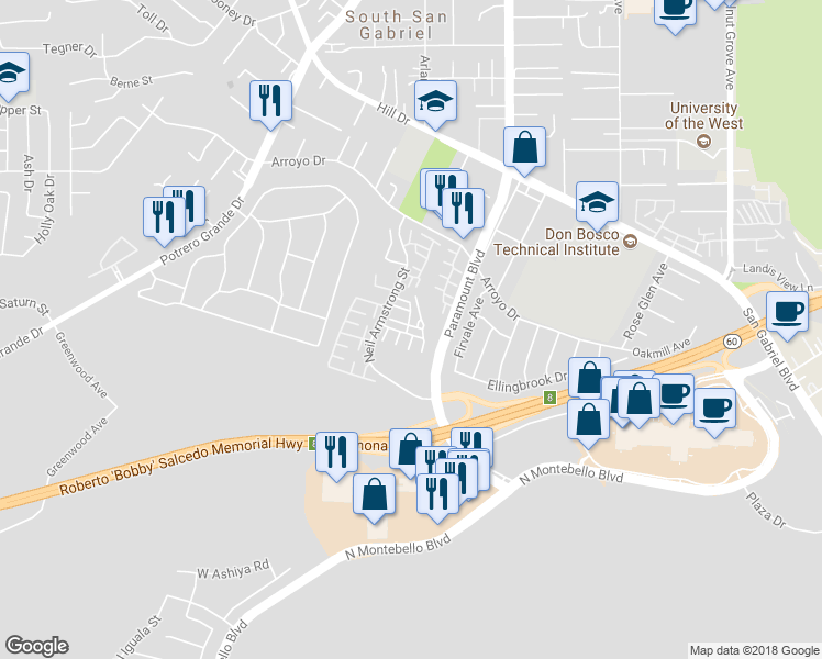 map of restaurants, bars, coffee shops, grocery stores, and more near 236 Ridge Terrace Lane in Montebello