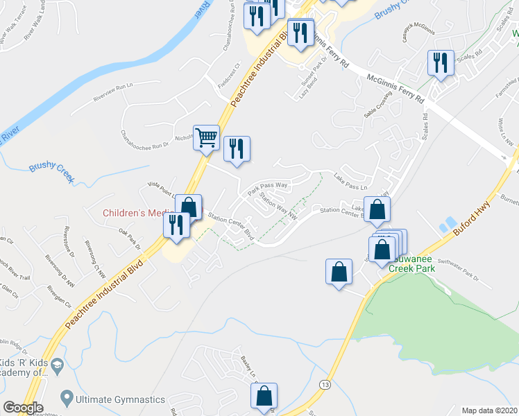 map of restaurants, bars, coffee shops, grocery stores, and more near 3989 Church View Lane in Suwanee
