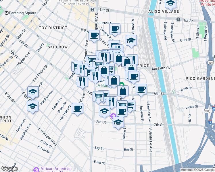 map of restaurants, bars, coffee shops, grocery stores, and more near 1212 Palmetto Street in Los Angeles