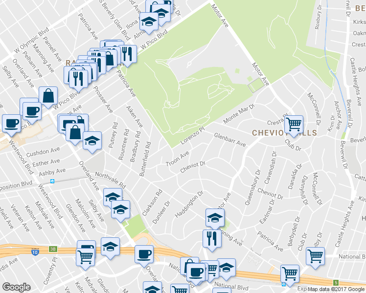 map of restaurants, bars, coffee shops, grocery stores, and more near 10470 Lorenzo Place in Los Angeles
