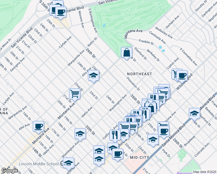map of restaurants, bars, coffee shops, grocery stores, and more near 854 25th Street in Santa Monica