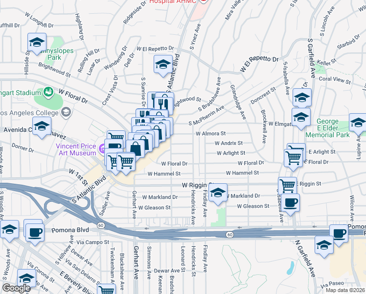 map of restaurants, bars, coffee shops, grocery stores, and more near 516 West Andrix Street in Monterey Park