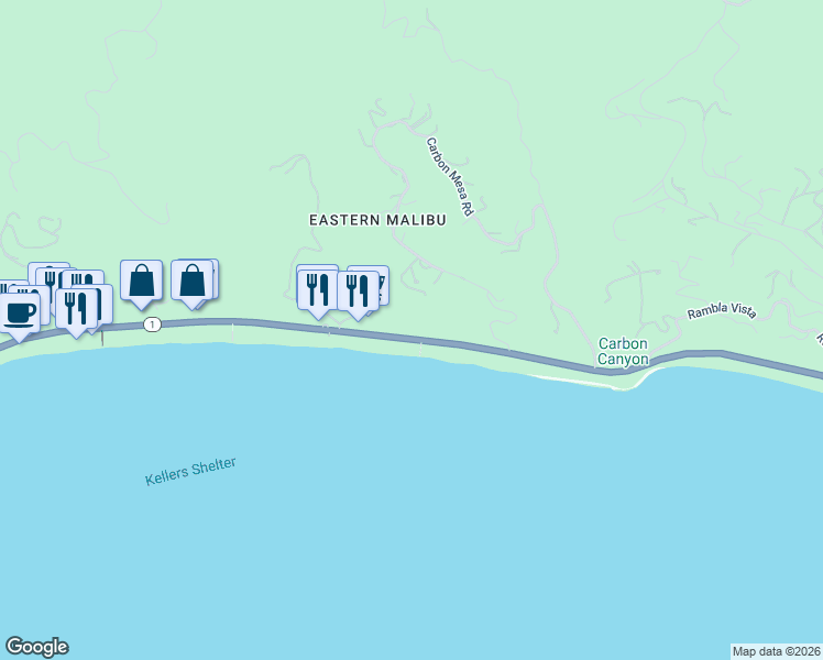 map of restaurants, bars, coffee shops, grocery stores, and more near 22159 Pacific Coast Highway in Malibu
