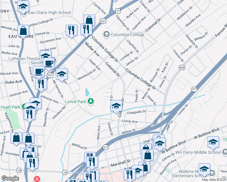 map of restaurants, bars, coffee shops, grocery stores, and more near 4224 Grand Street in Columbia