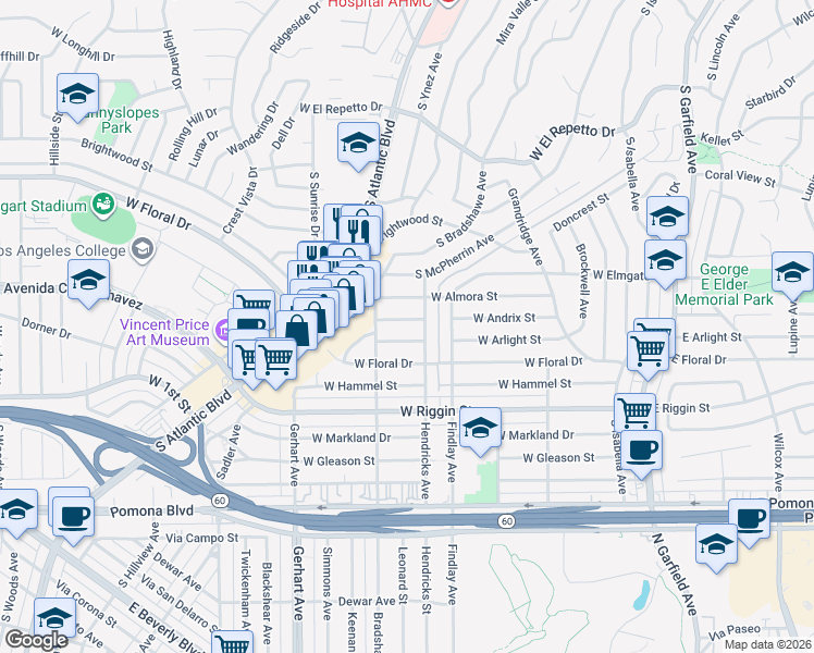map of restaurants, bars, coffee shops, grocery stores, and more near 516 West Andrix Street in Monterey Park